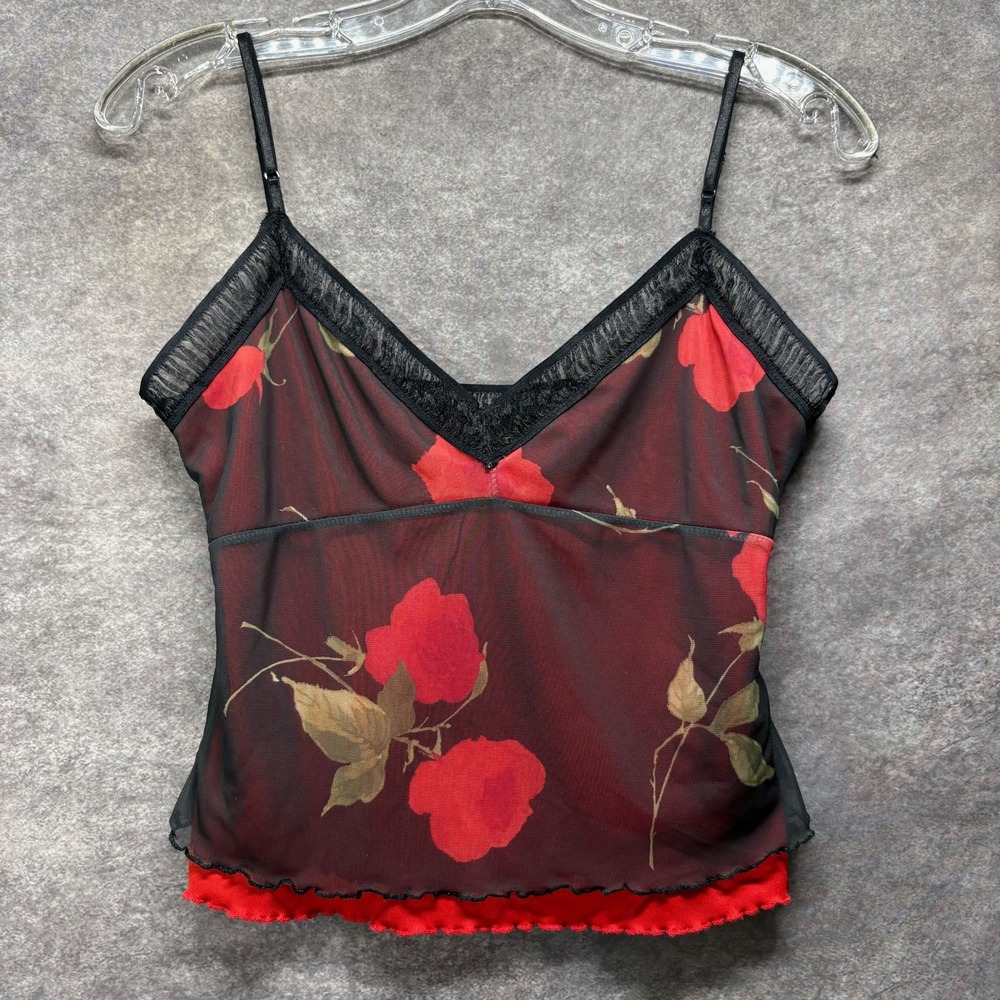 VTG Y2K Eye Candy Black Red Rose Floral Mesh Babydoll Camisole Sz M Whimsigoth